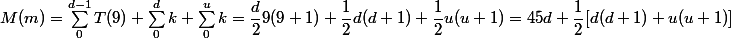 M(m) = \sum_0^{d - 1}T(9) + \sum_0^d k + \sum_0^u k = \dfrac d 2 9(9 + 1) + \dfrac 1 2 d(d + 1) + \dfrac 1 2 u(u + 1) = 45d + \dfrac 1 2 [d(d + 1) + u(u + 1)]